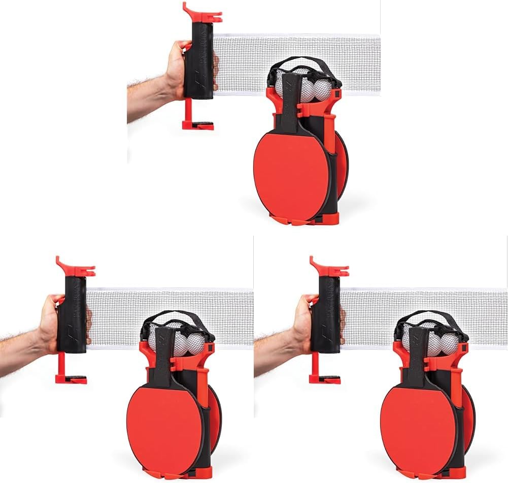 Table Tennis Net & Paddle Set - Play Ping Pong Anywhere! Retractable Net Fits Most Tables Up to 60" Wide - 2 Table Tennis Paddles and 3 Ping Pong Balls, Red/Black