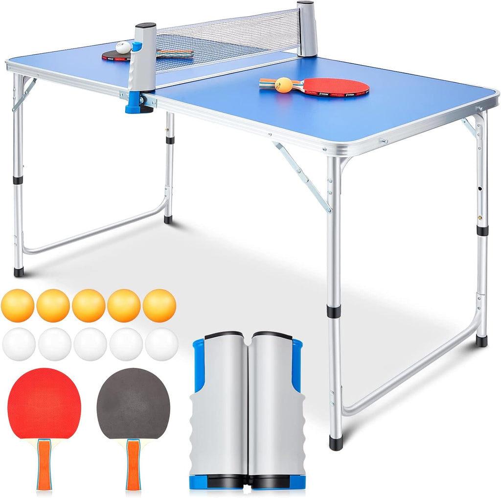 Table Tennis Table Kids Portable Foldable Table Tennis Game Set with 2 Table Tennis Paddles 10 Table Tennis Balls and 1 Net Height Adjustable Compact Storage Fits in Most Closets