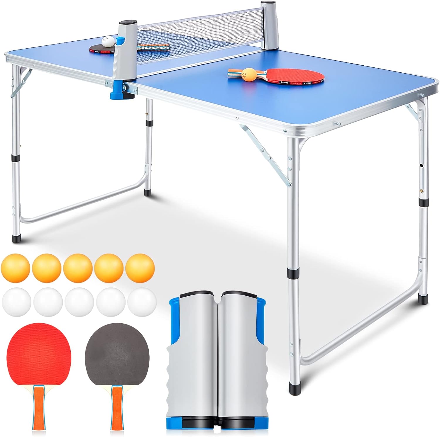 Table Tennis Table Kids Portable Foldable Table Tennis Game Set with 2 Table Tennis Paddles 10 Table Tennis Balls and 1 Net Height Adjustable Compact Storage Fits in Most Closets