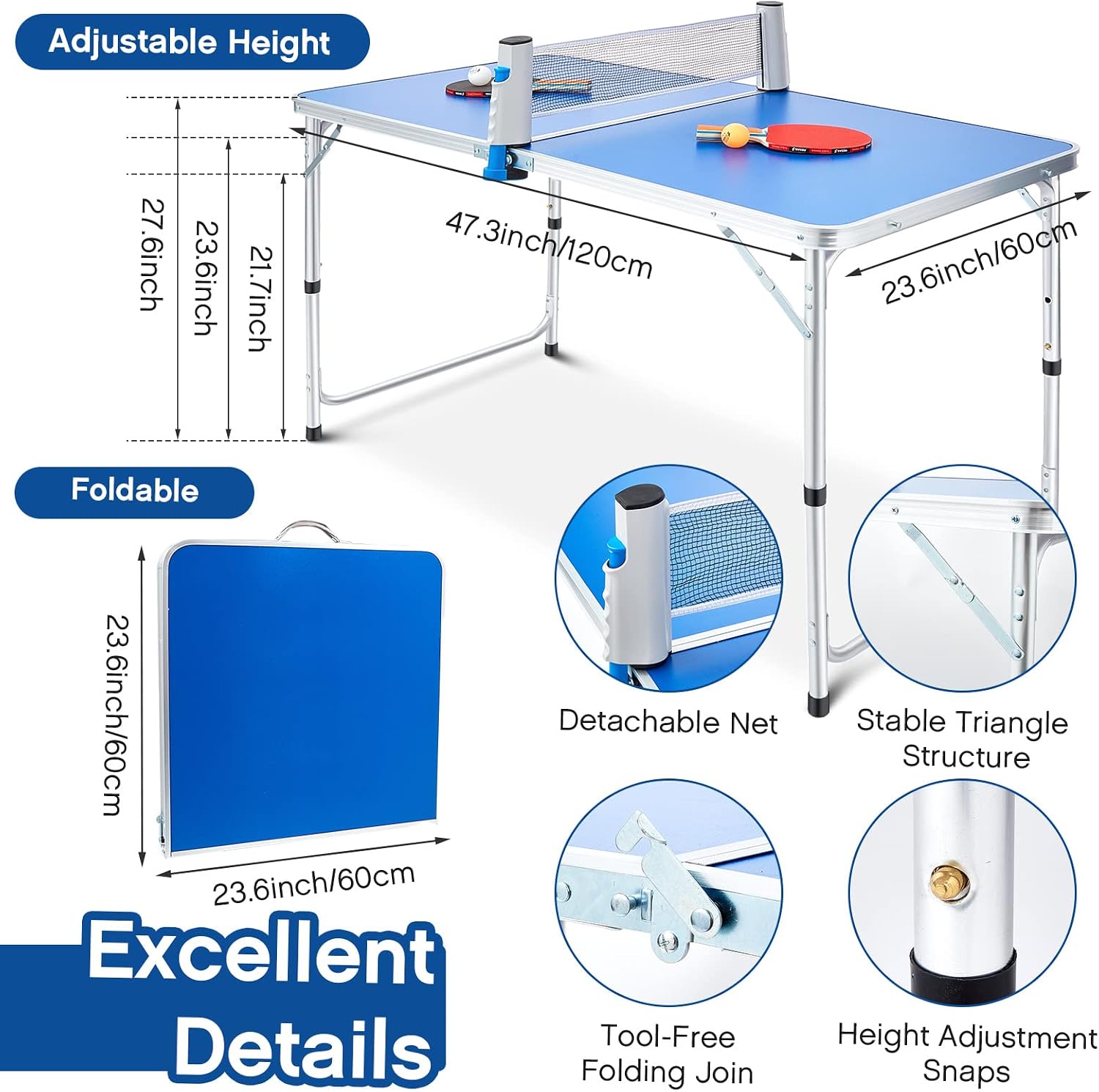 Table Tennis Table Kids Portable Foldable Table Tennis Game Set with 2 Table Tennis Paddles 10 Table Tennis Balls and 1 Net Height Adjustable Compact Storage Fits in Most Closets