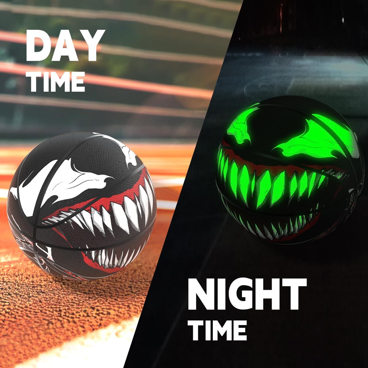 Venoms Printings Glow in The Dark Basketball Cool Glowing Luminous Basketball with Pump and Bag Indoor Outdoor PU Leather Size 7